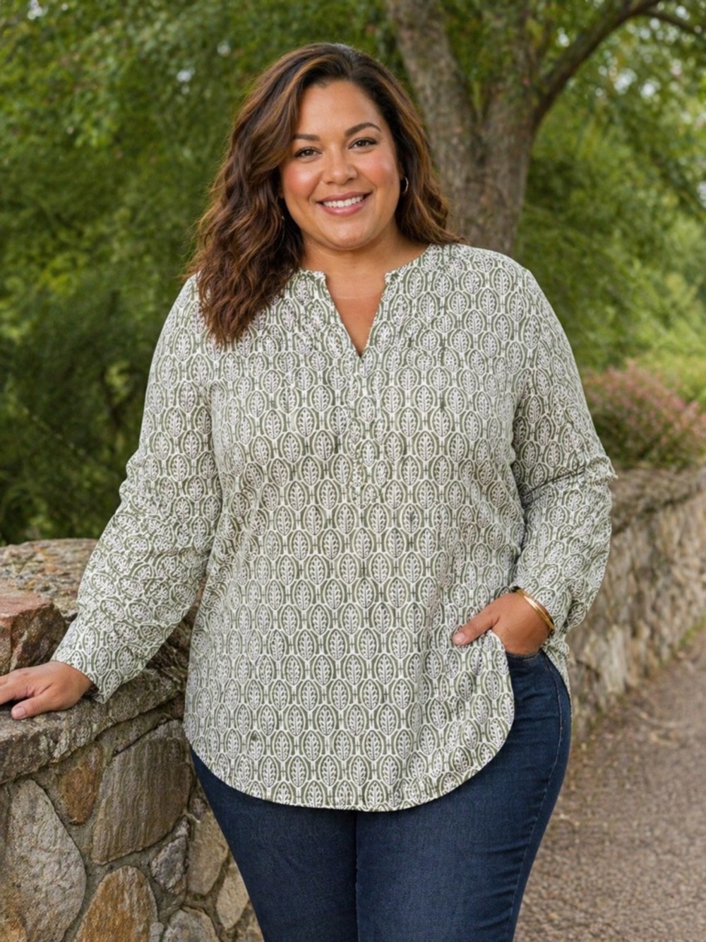 Lands' End Olive Green and White Geometric Leaf-Print Tunic 3XL